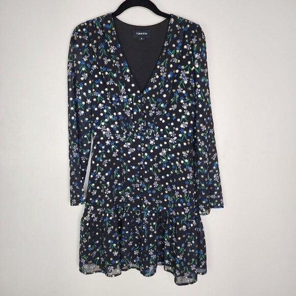 NWOT Yumi Kim V Neck Fit and flare Floral Metallic Dot Mini Dress Black Small - Picture 9 of 14